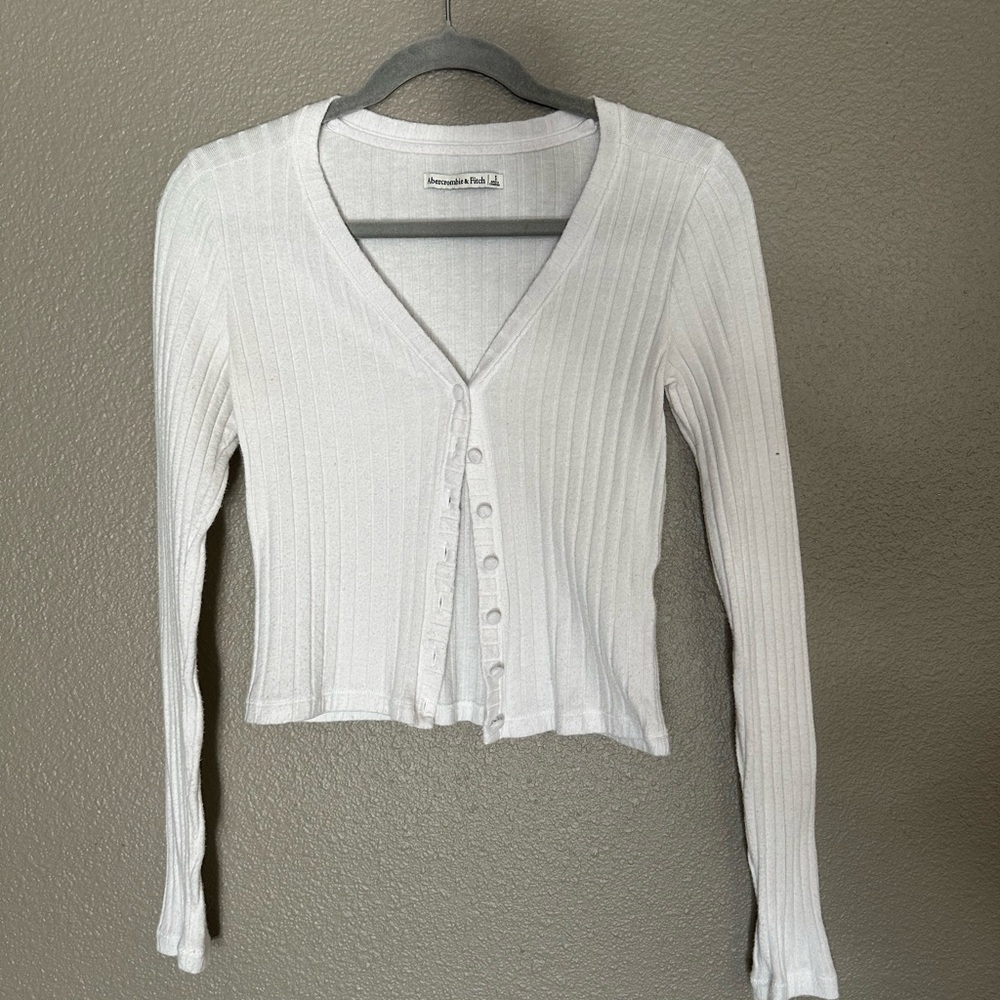 Abercrombie and Fitch White Ribbed Button-Up Cardigan